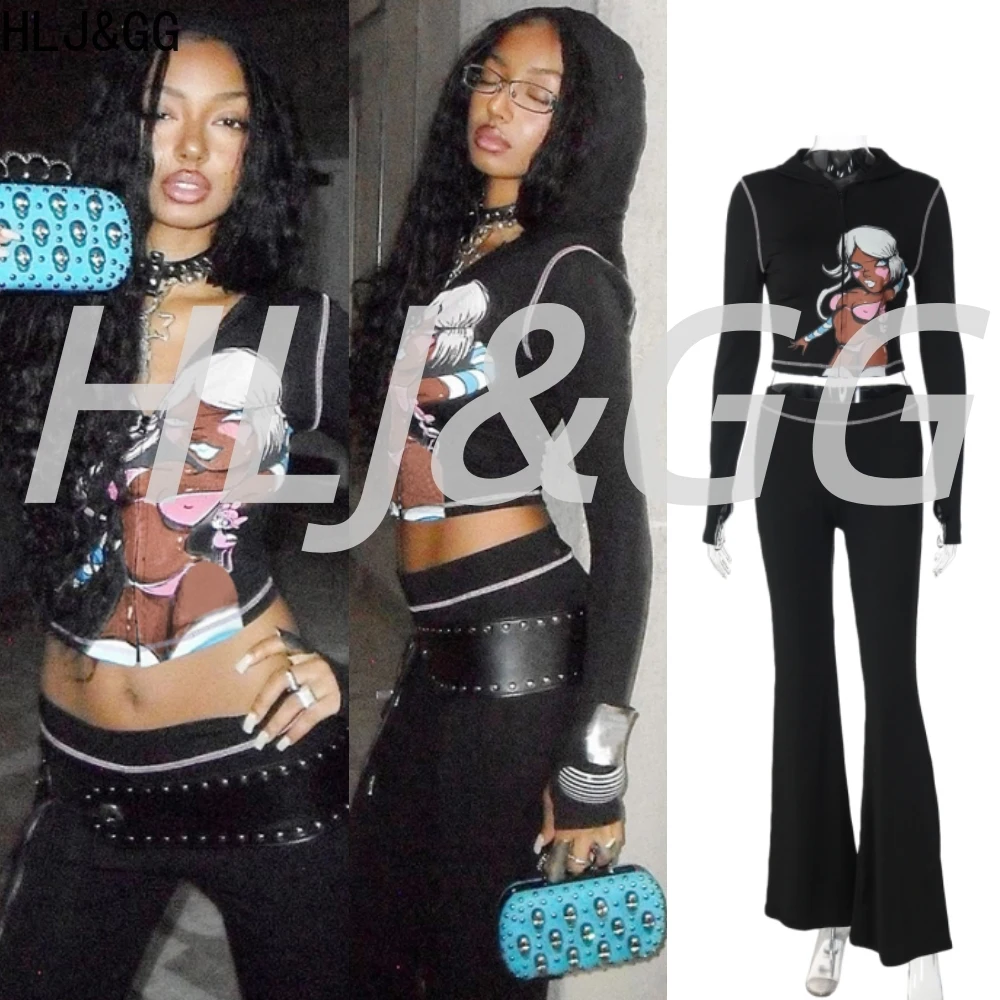 

HLJ&GG Black Y2K Fashion Cartoon Pattern Print Hooded Two Piece Sets Women Zip Long Sleeve Slim Top And Pants Outfits Streetwear