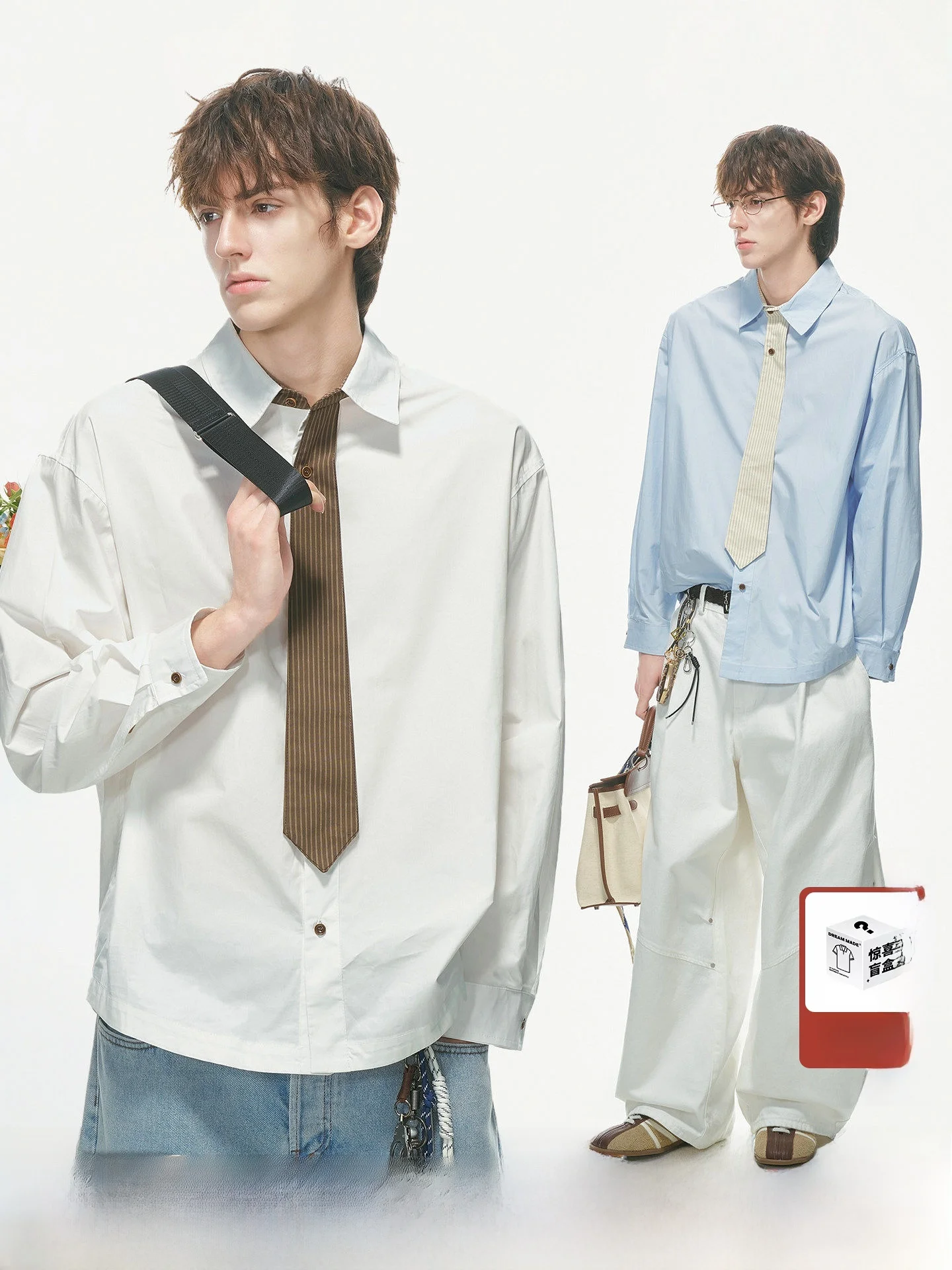 Dream Made Men's Striped Long Sleeve Shirt with Fake Bow Tie College Style Cotton Casual Fashion Spring Autumn 2026 New Model