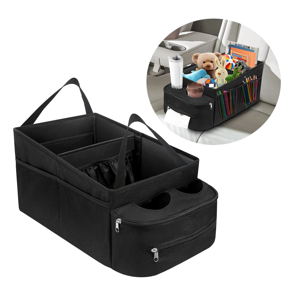 Car Seat Organizer Foldable Backseat Storage Bag with Handle Nonslip Passenger Seat Organizer with 2 Cup Holders for Cars Vans