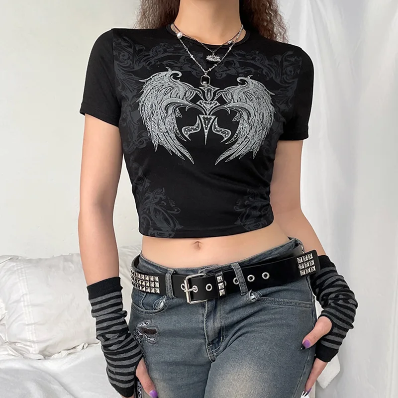 

Personality Retro Wings Printing SlimmingTShirt Women's Clothing New High Street Contrast Color Slim Fit Dark Shirt