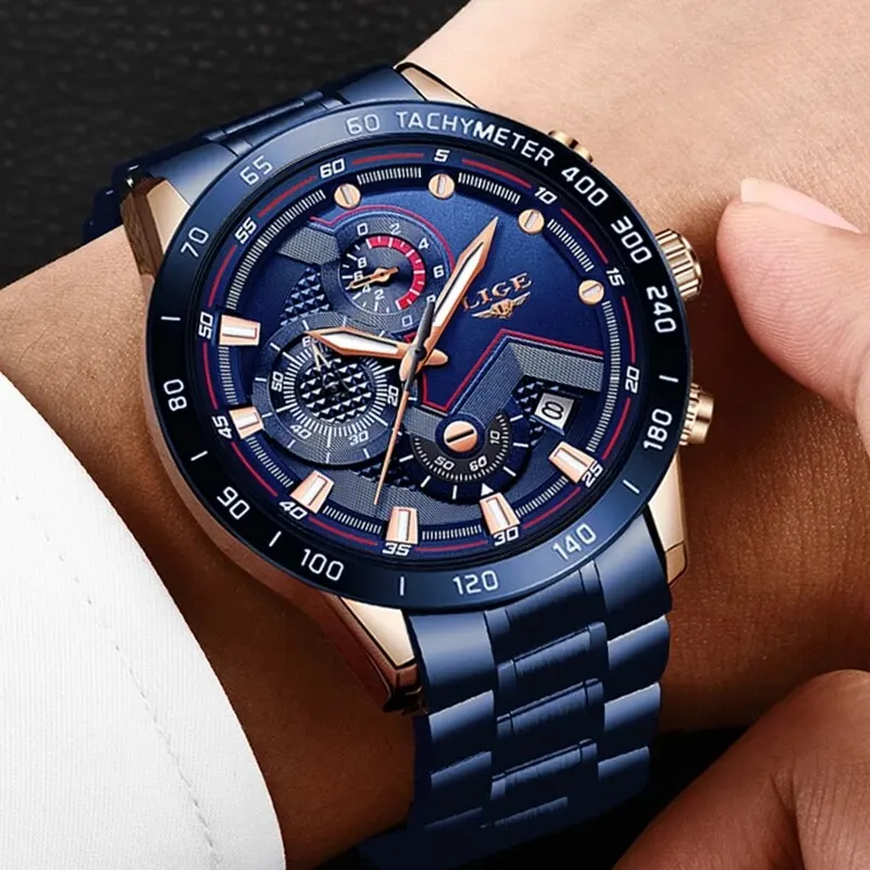 LIGE New Fashion Watches Men Stainless Steel Top Brand Luxury Sports Chronograph Quartz Watch Men Clock Man Relogio Masculino