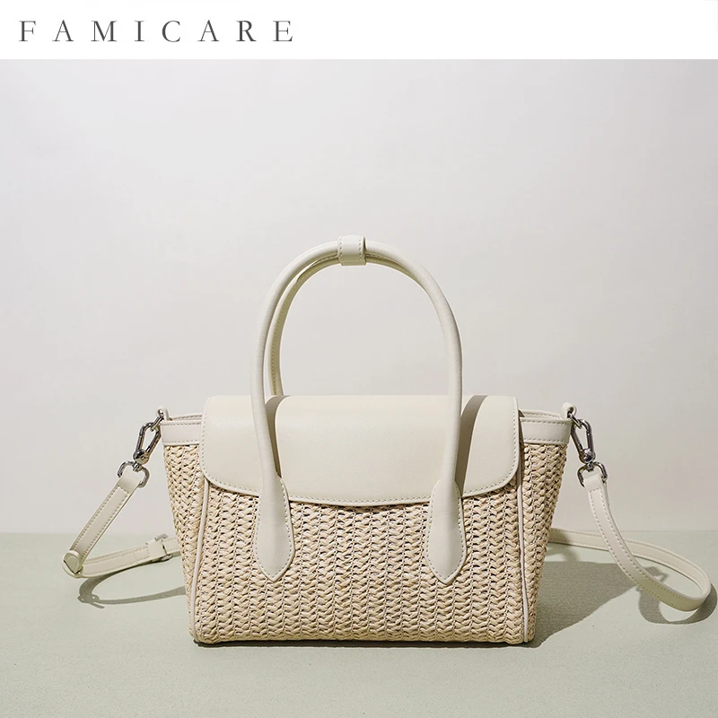 2026 Spring Summer Collection Woven Straw Leather Bucket Tote Bag Handcrafted Patchwork Shoulder Crossbody Purse Boho Commutong