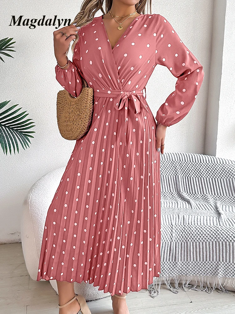 Magdalyn Women Long Dresses Fasion Polka Dot Cross V Neck Dress Elegant Party Boho Dress Casual Long Sleeve Lace Up Beach Dress