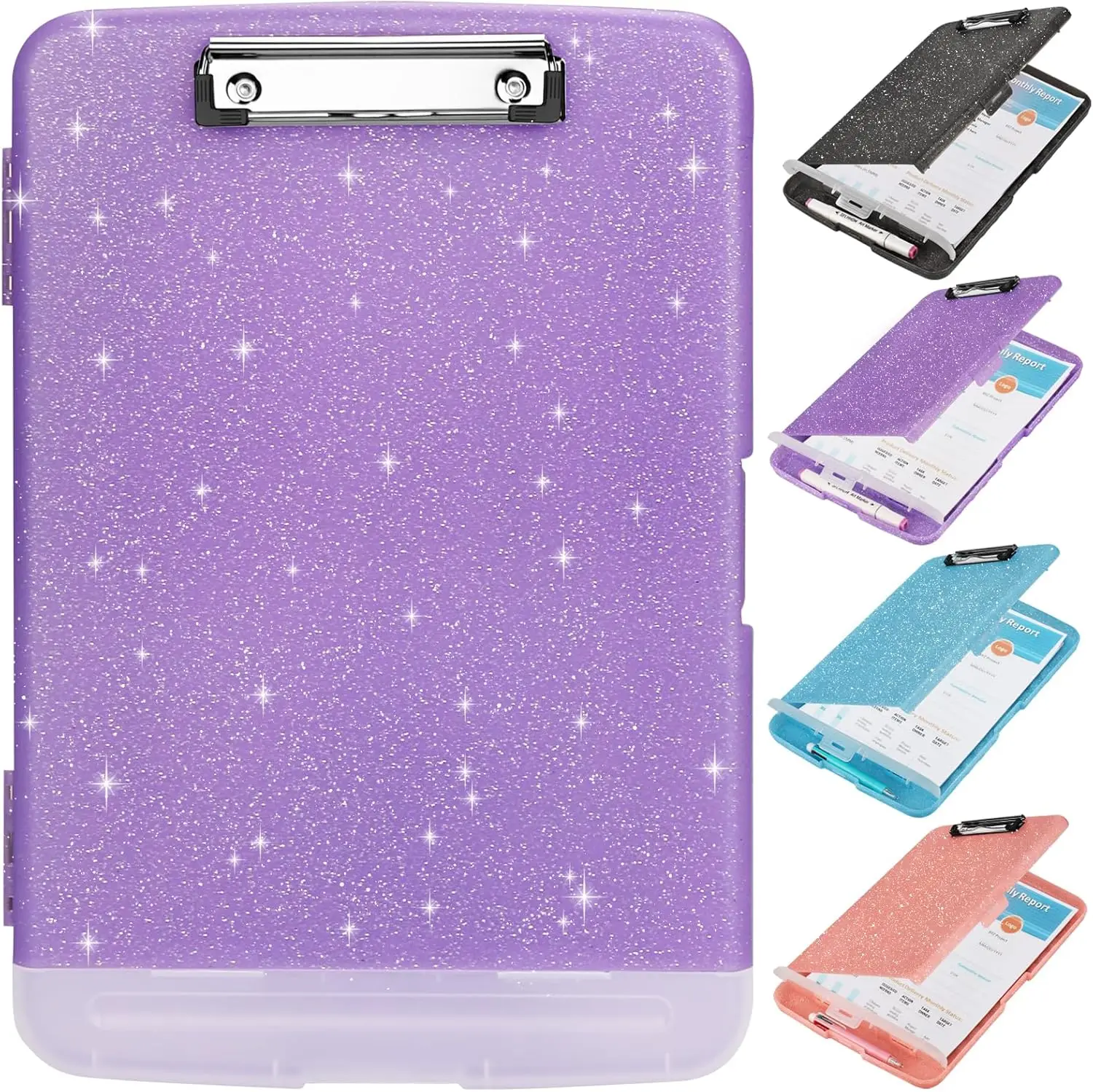 

Glitter Clipboard with Storage, A4 Binder Clip Board 8.5x11, Side Opening Sparkle Clipboard Folder for Office, Pale Purple