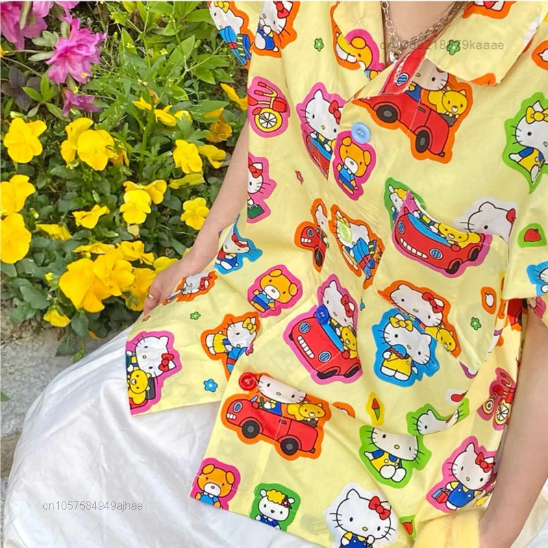 Sanrio Hello Kitty Summer Clothes Yellow Shirts Vintage Fashion Designer Short Sleeve Shirt Women Cartoon Casual Tops Y2k Blouse