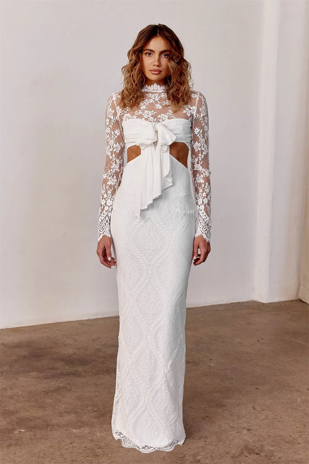 Suknia ślubna z Kiotu, biała, z wycięciem w talii, koronkowymi długimi rękawami, stójką, do ziemi, vestidos de noche, bez pleców, formalna.