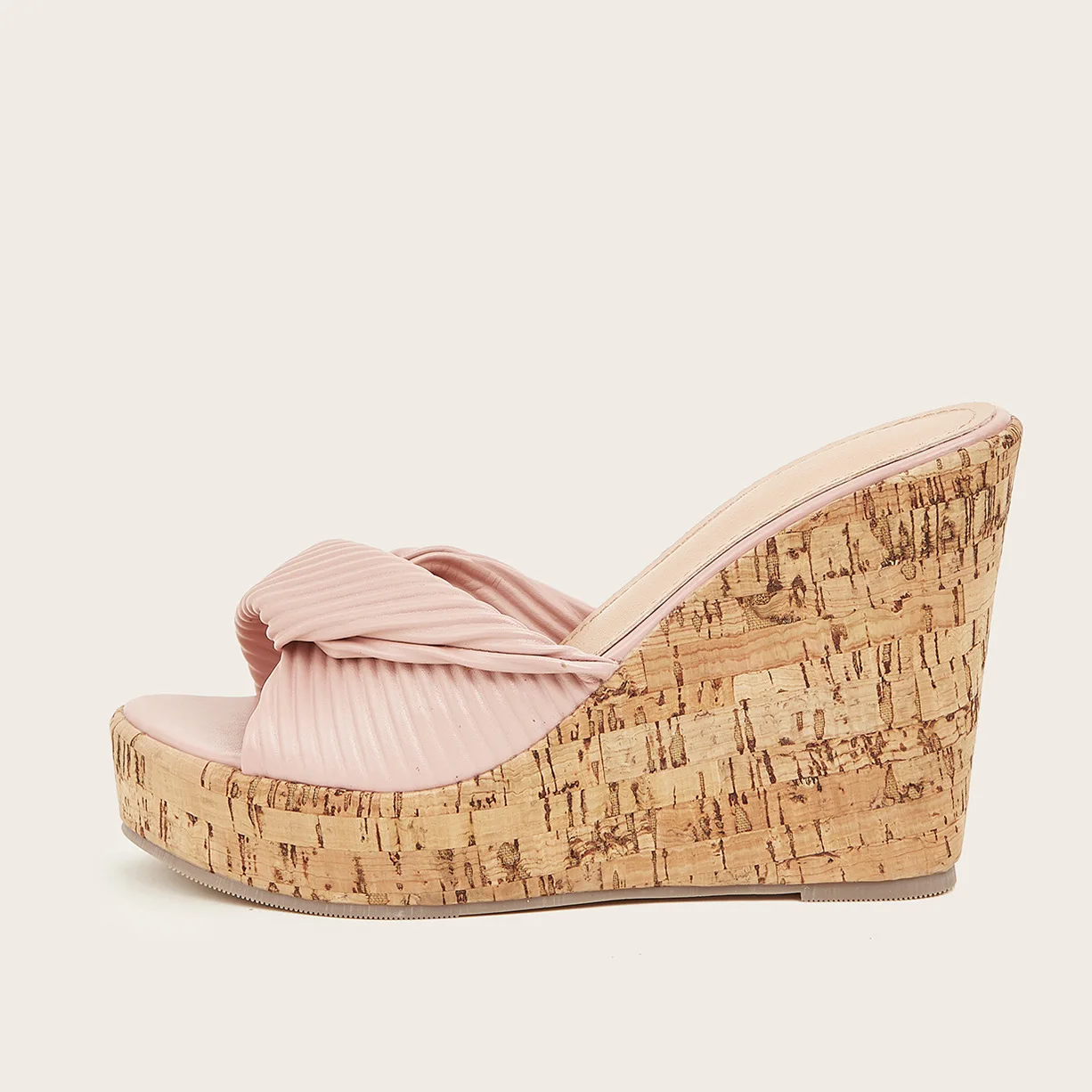 AIYKAZYSDL Wood Cork Wedge Heel Sandals Woman Bow-knot Platform Flat High Heel Slippers Clear Strap Sandals Mule Slide Plus Size