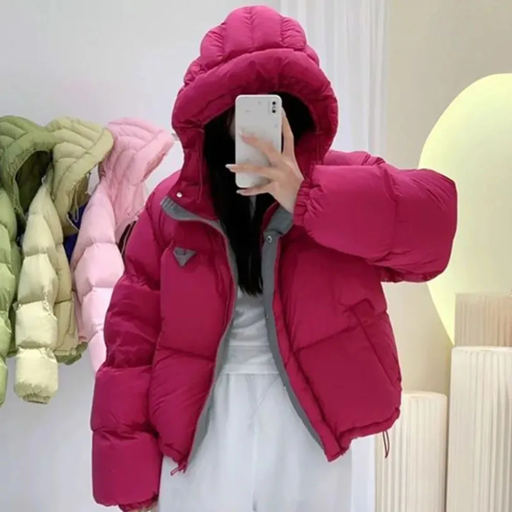 Rose Red Hooded Cotton Jacket Women Fashion Korean Winter Parkas Crop Puffy Coats Thicken Warm Simple Short Streetwear Outerwear