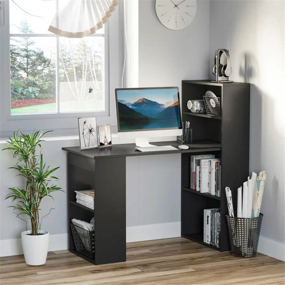 

Space-Saving Workstation Desk with 6 Shelves – Black Engineered Wood, Quick Assembly Home Office