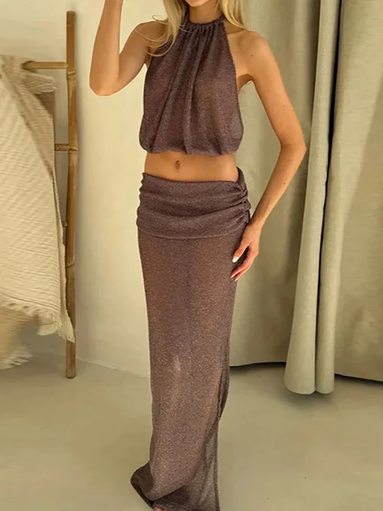 Women's Summer Sleeveless Halter Top Maxi Skirt 2PCS Sets Backless Simple Outfit Solid Lace-Up Fashion Ladies Suits Streetwear image 3