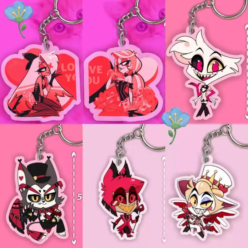 

Acrylic Key Chain for Vaggie Charlie Angel Dust Alastor Husk Lucifer Chibi Version Anime Key Buckle Acrylic Student Bag Pendant