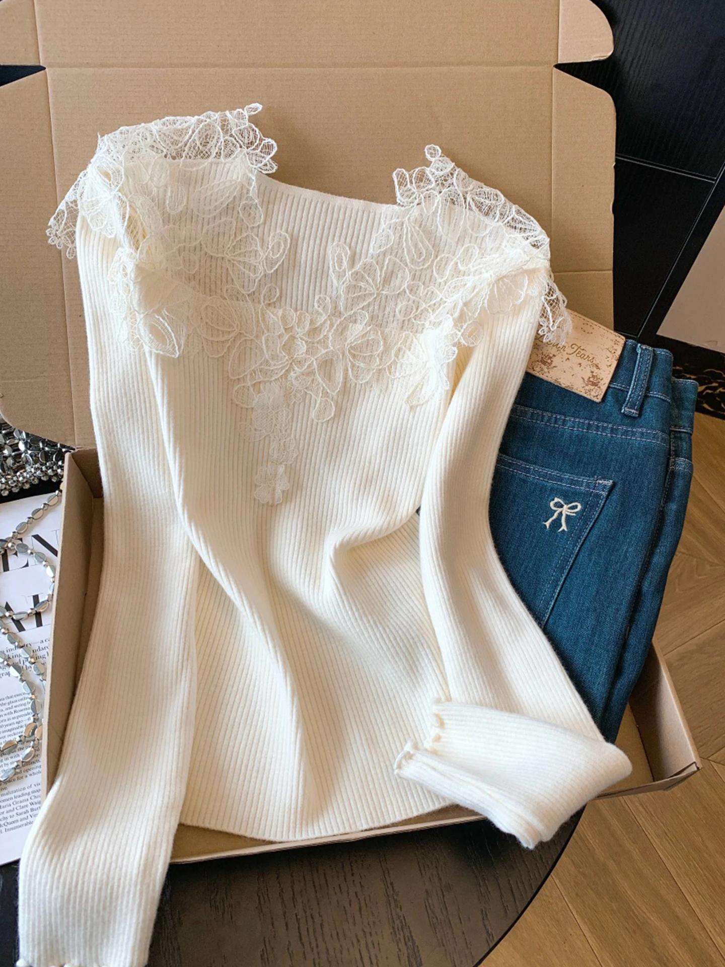 레이스 스플라이스 롱 니트 스웨터 여성용 겨울 신상 슬레 슈퍼 아름다운 이너웨어 스퀘어 칼라 베이스 셔츠