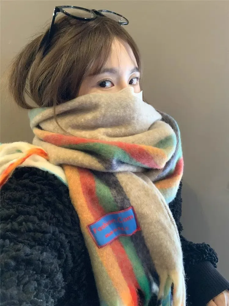 

Японский элитный шарф, женский зимний теплый универсальный кашемировый утолщенный шарф с кисточками, цветная шаль двойного назначения для пары