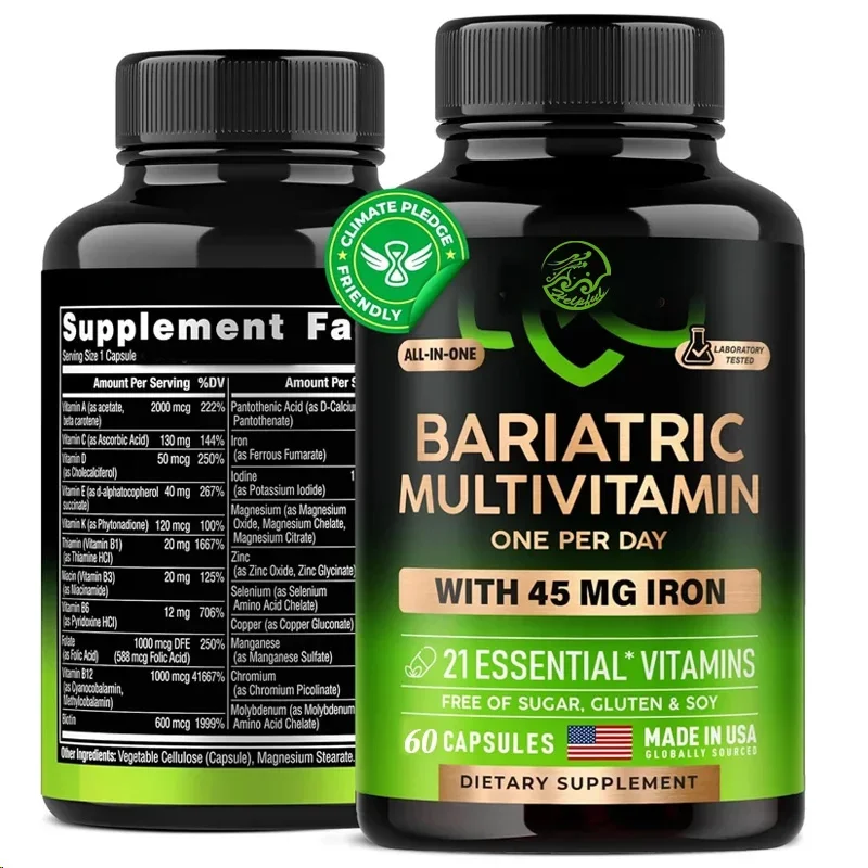 

45 milligrams of complex vitamin iron supplement, suitable for men and women, with 21 essential vitamins and 60 capsules in one