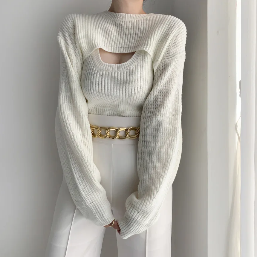 Early Autumn Korean Style Slim Fit Knitted Sweater Vest Casual Outerwear Short Sweater Cover Two-piece Set for Women