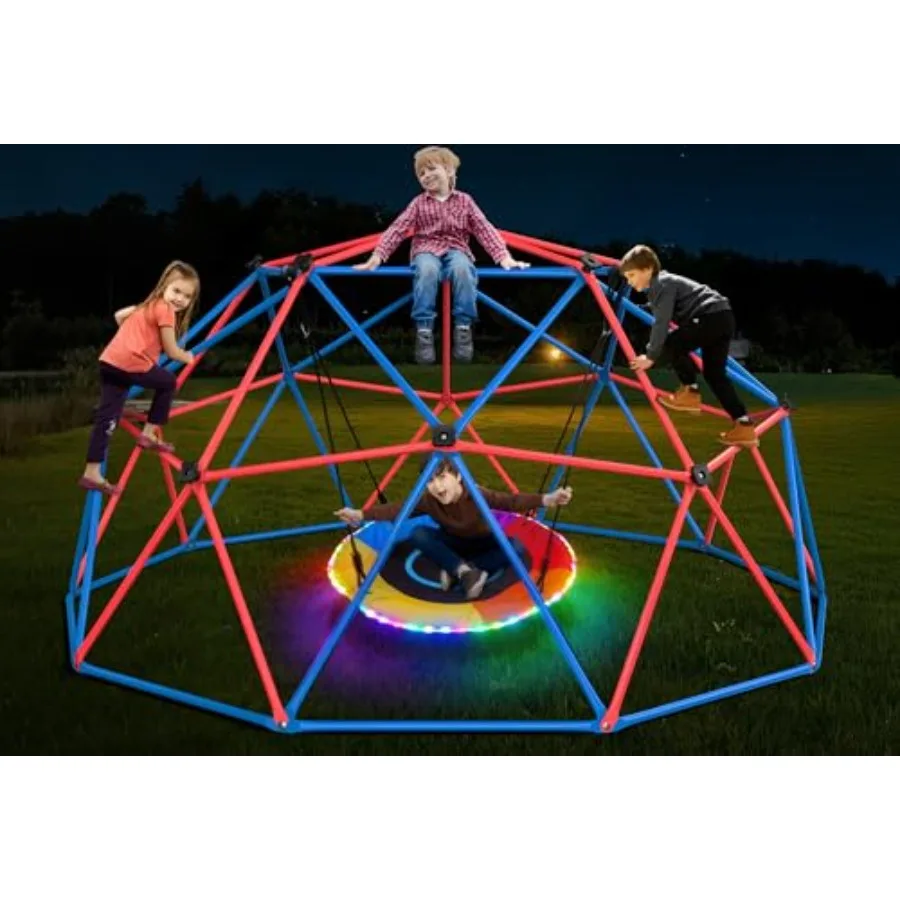 

Outdoor Climbing Dome Swing Set with LED Saucer Swing Jungle Gym for Ages 3-8 8-12 Rust-Resistant Steel Frame Dark Green Suppor