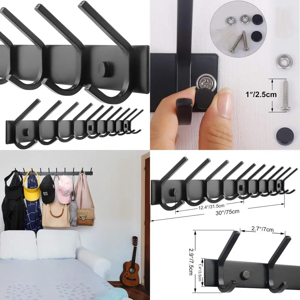 

30-Inch Wall-Mounted Coat Rack with 10 Hooks for Coats, Backpacks, and Clothes in Black