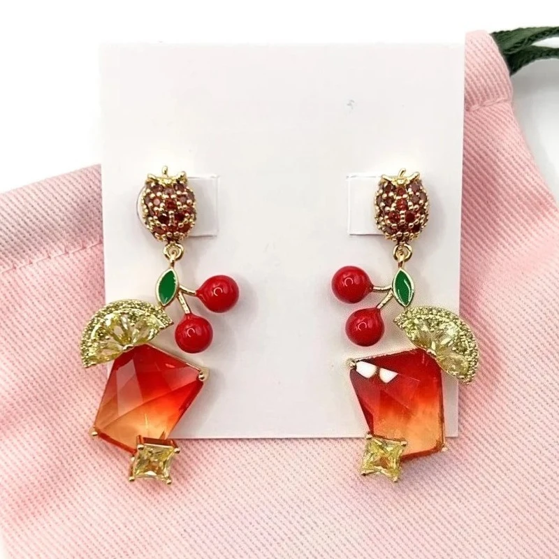 VKVVA Sweet Fruit Cocktail Drop Earrings, Paved Crystal Lemon Cherry Dangle Studs, Dainty Daily Jewelry Birthday Gift for Her