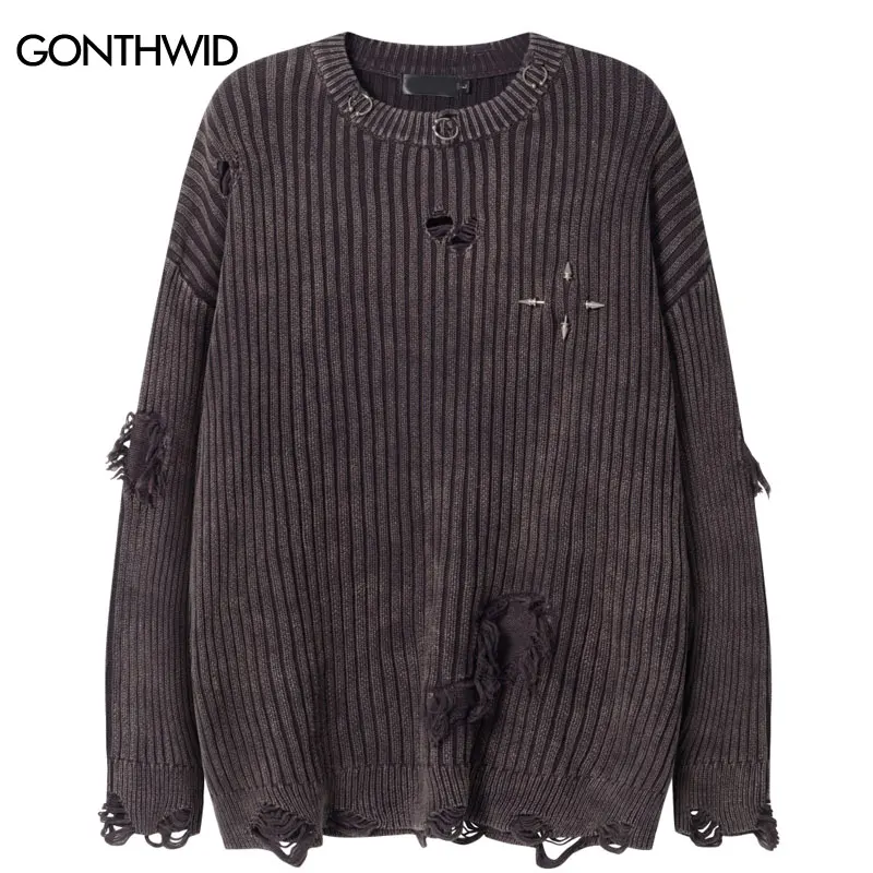 

Vintage Sweater Y2K Grunge Streetwear Ripped Holes Rivet Tassel Knitted Gothic Jumpers Hip Hop Harajuku Casual Pullover Sweaters