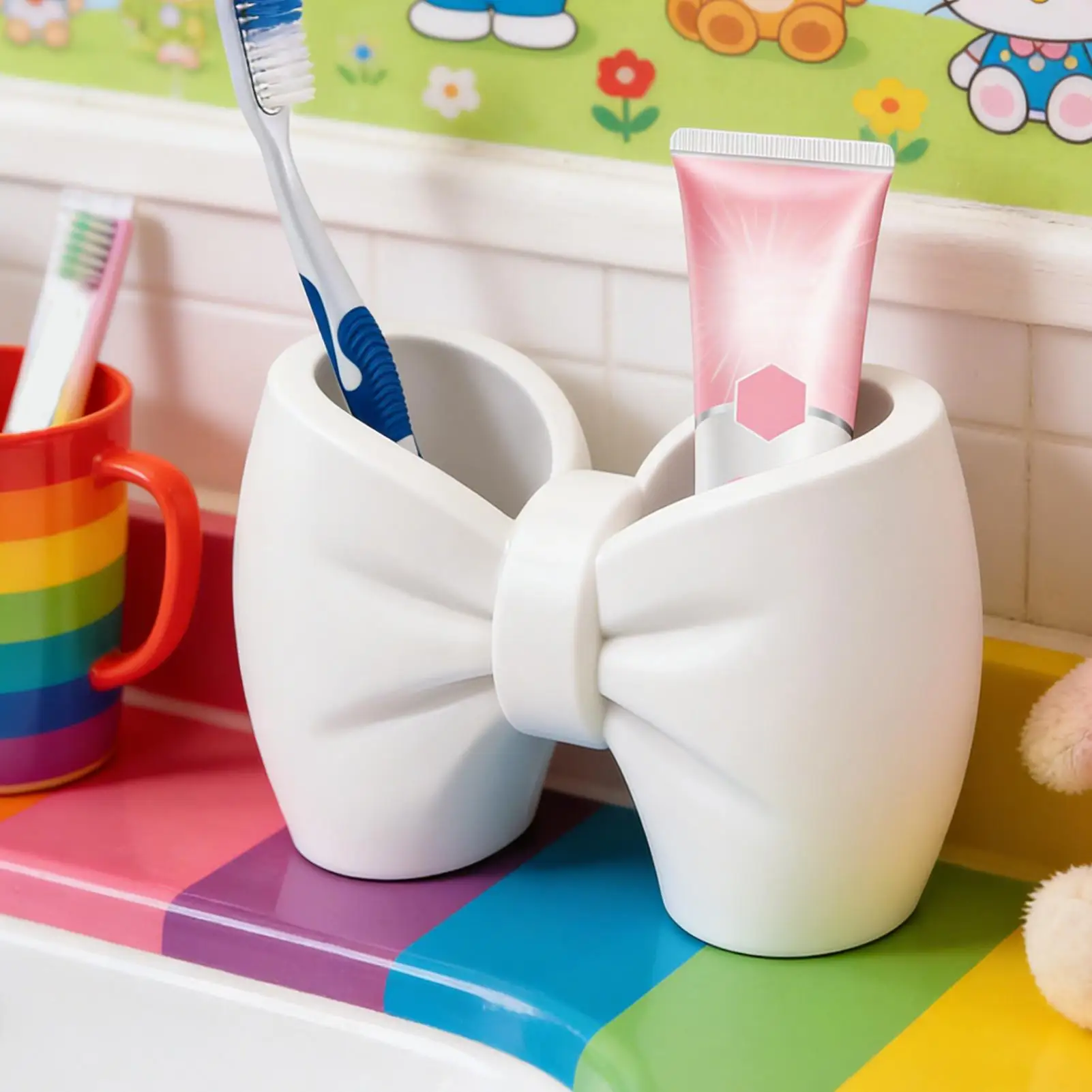 Bow Shape Toothbrush Holder Cute Makeup Brushes Holder Shaver Organizer Rack 3D Printing Double-basin Toothbrush Toothpaste rack