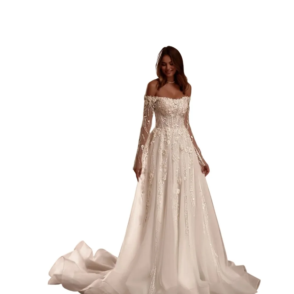 Luxury A-Line Wedding Dresses Off Shoulder Long Sleeves Sequins Appliques Lace Bridal Gowns Sweep Train Customized Wedding Dress