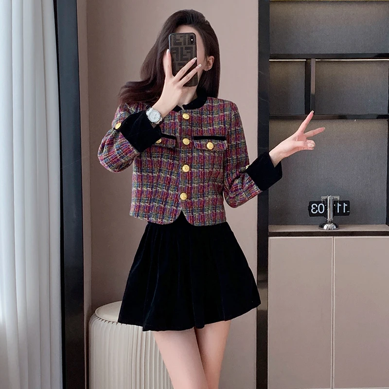 New Women Autumn Winter Skirt 2 Piece Set Vintage Fashion Outfits Tweed O Neck Plaid Crop Jackets Coat+Pleated Mini Skirts Sets