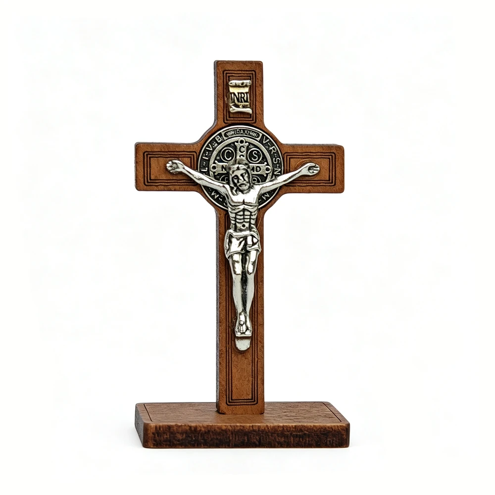St Benedict Standing Crucifix Wooden Cross With Base Jesus Christ Statue Catholic Religious Ornament Church Home Decor Christian