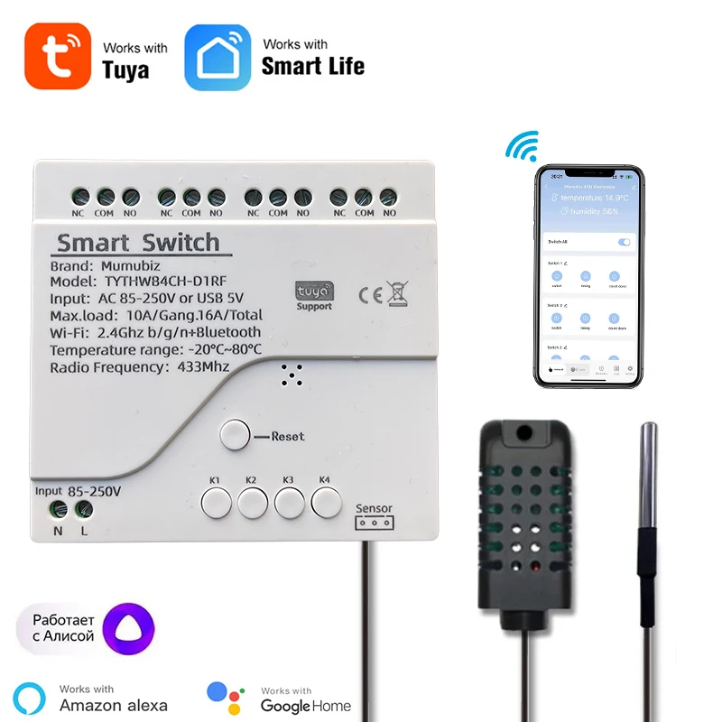 Tuya WiFi 250V 4-kanałowy inteligentny przełącznik temperatury i wilgotności, aplikacja Smart Life, pasywny moduł styku suchego kompatybilny z Alexa Alice