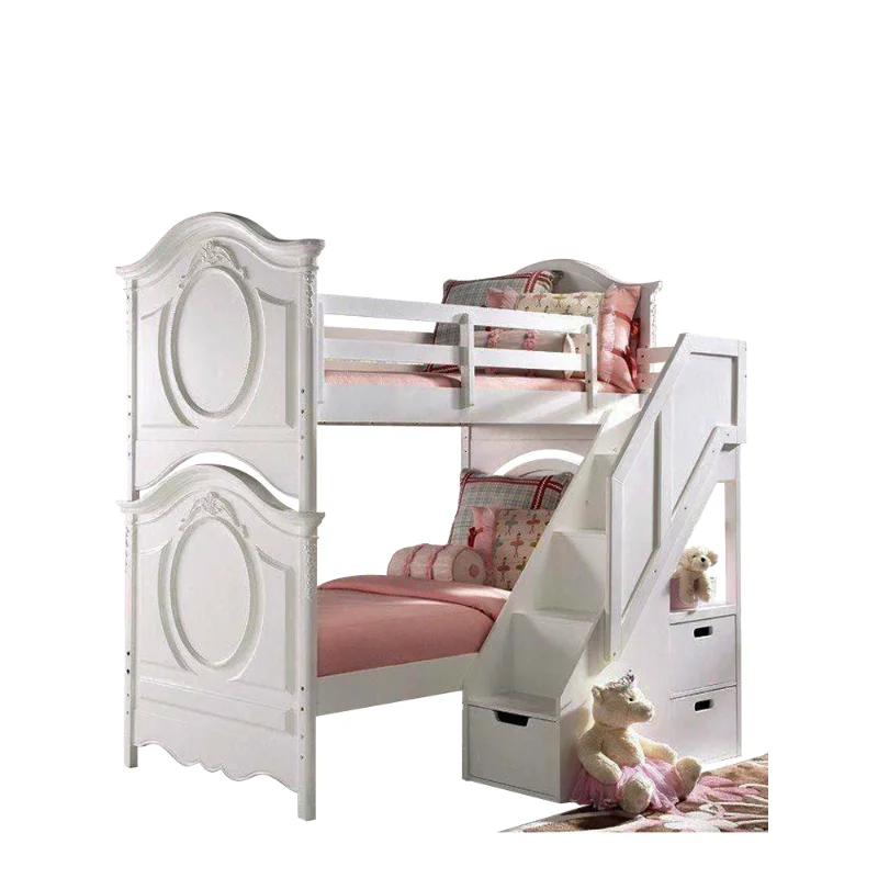 White upper and lower beds, luxury high and low beds, ladder cabinets, sisters beds, post modern twin beds, small apartments