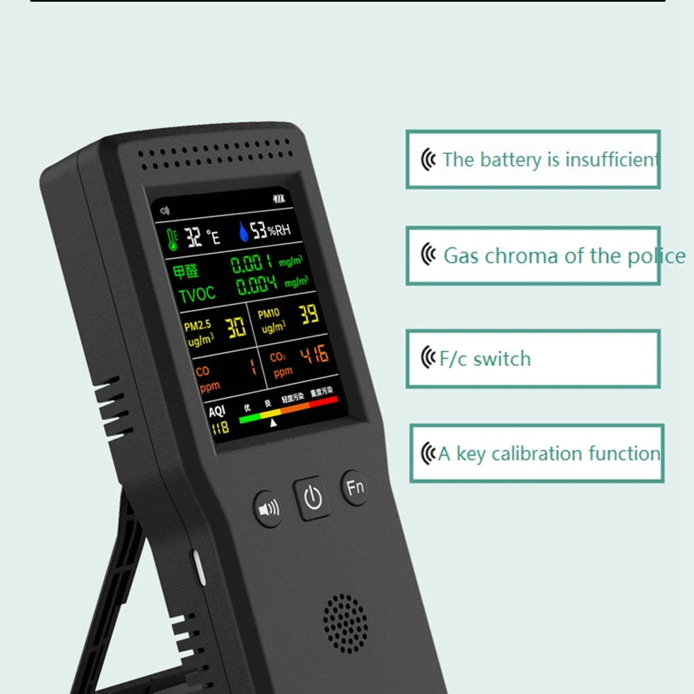 عرض ساخن 9 في 1 كاشف جودة الهواء شاشة LCD PM2.5 PM10 HCHO TVOC CO CO2 مراقبة جودة الهواء والرطوبة باللون الأسود