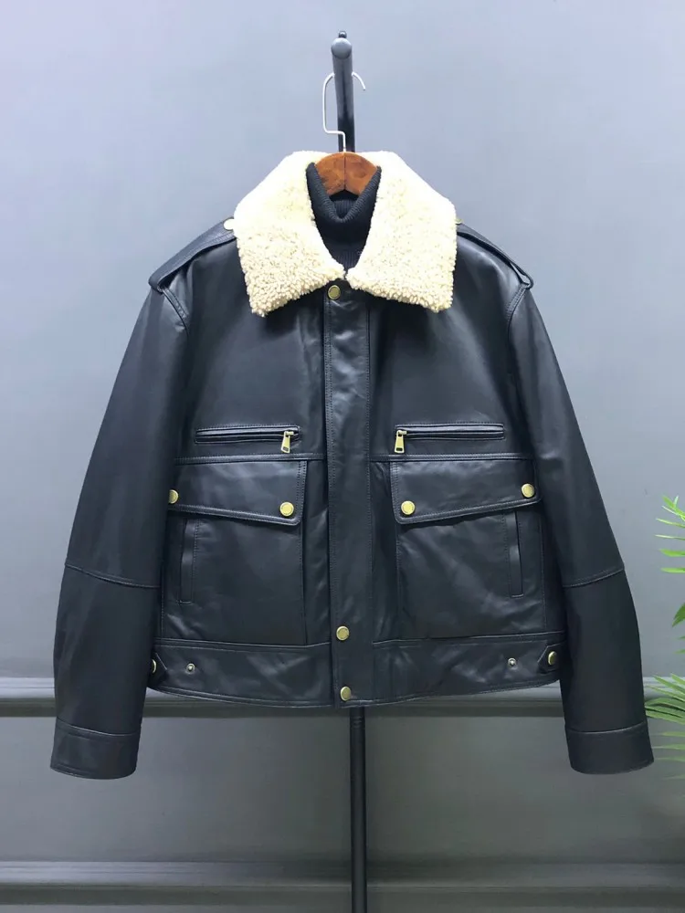 Piumino femminile in vera pelle Colletto in lana d'agnello di lusso Giacca ampia Addensare caldo capispalla in pelle di pecora Lady Fashion Winter