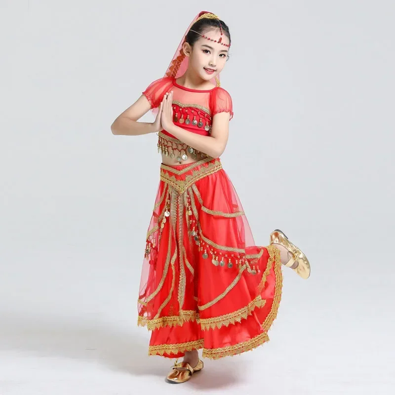 Children Kid's Halloween Belly Dance Chiffon Bollywood Costume Indian Dance Outfit 5pcs Set (Top Belt Skirt Veil Headpiece)