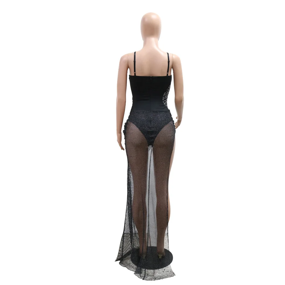 المرأة مثير بلون السباغيتي حزام حجر الراين ديكور بقماش شفاف غير النظامية فستان الحفلات