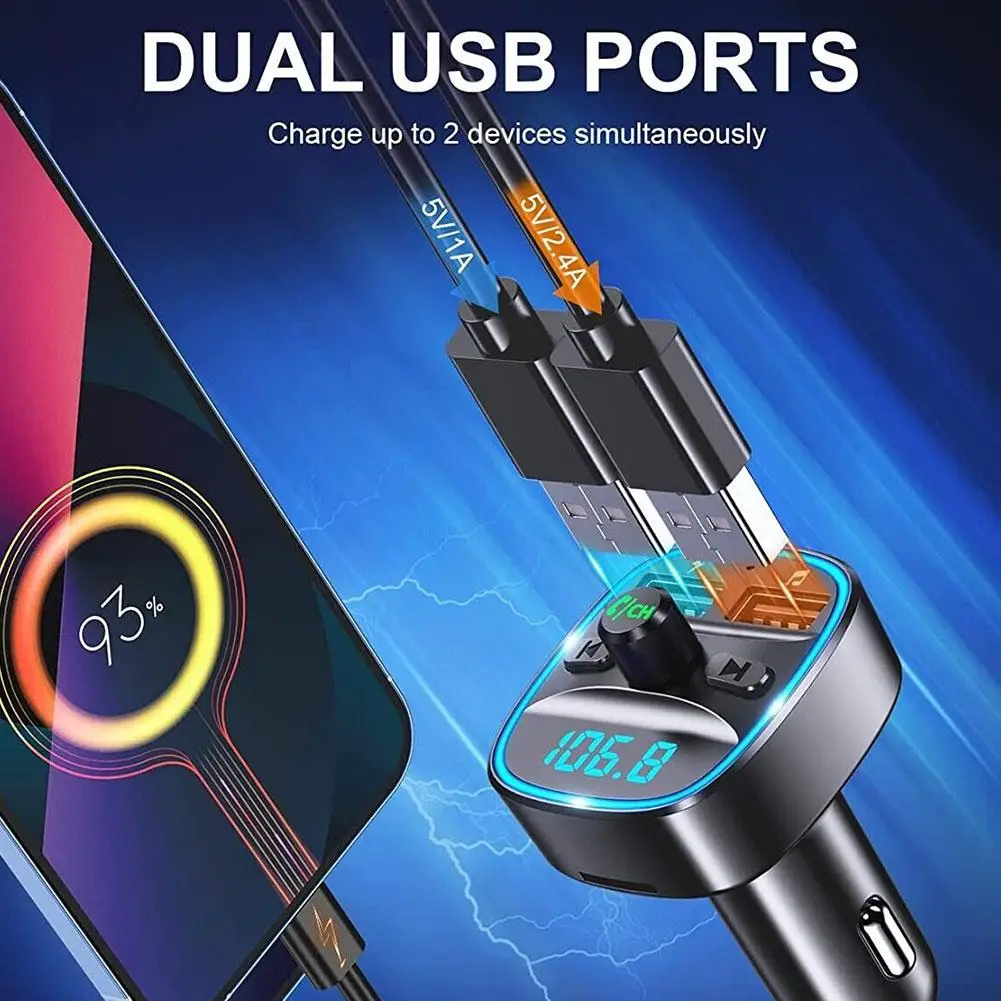 Bluetooth 5.0 FM Transmitter Car Adapter Dual USB Fast Charging Hands-free Bass 3 Ports Car Charger LED Light Car Accessories
