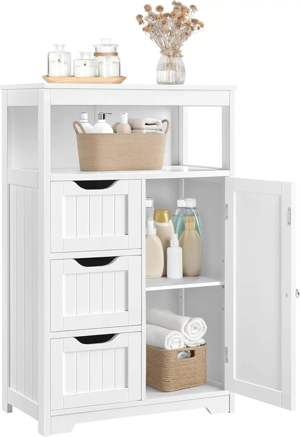 

White Wooden Storage Cabinet with Door and Drawers for Bathroom, Kitchen, or Living Room
