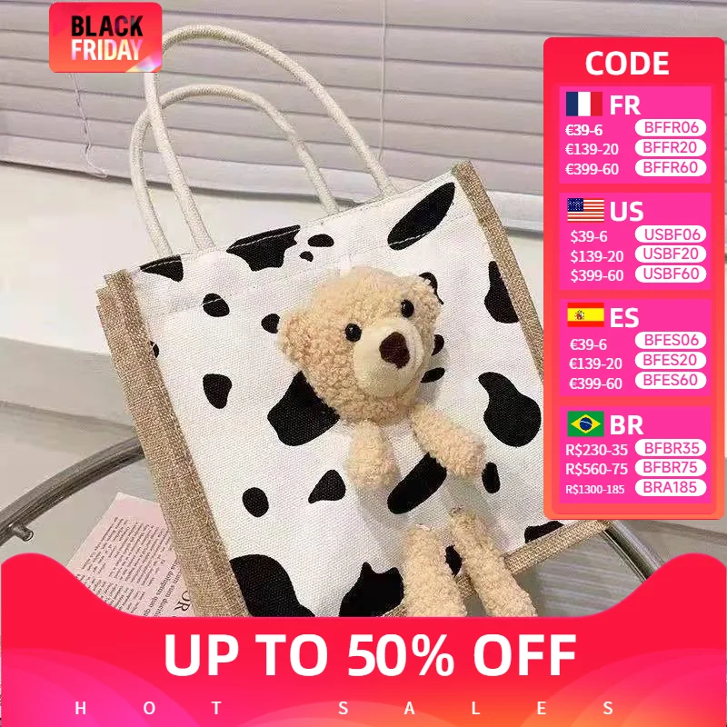 Bolso de lona con dibujo de oso, bolsa de compras portátil de gran capacidad para estudiantes y mujeres, bolso de hombro de viaje ecológico