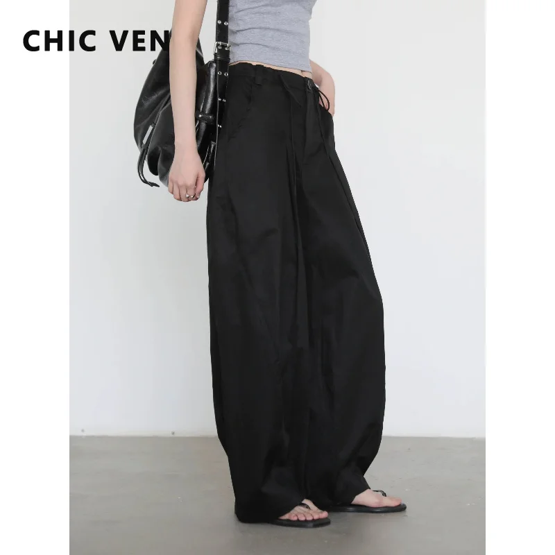 CHIC VEN New Women Pant Solid Loose Casual Cotton Thin Wide Leg Pants Drawstring Girl Trousers Folded Spring Summer 2026 Clothes