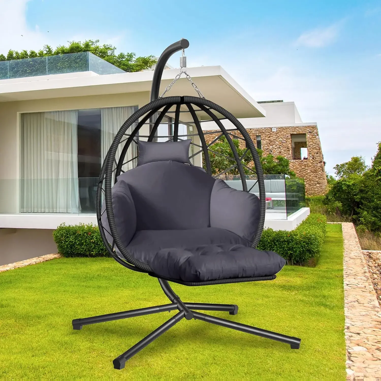 

Hanging Egg Chair with Stand and Leg Rest Outdoor Indoor Swing Rattan Wicker with UV Resistant Cushions Gift for Kid Mom