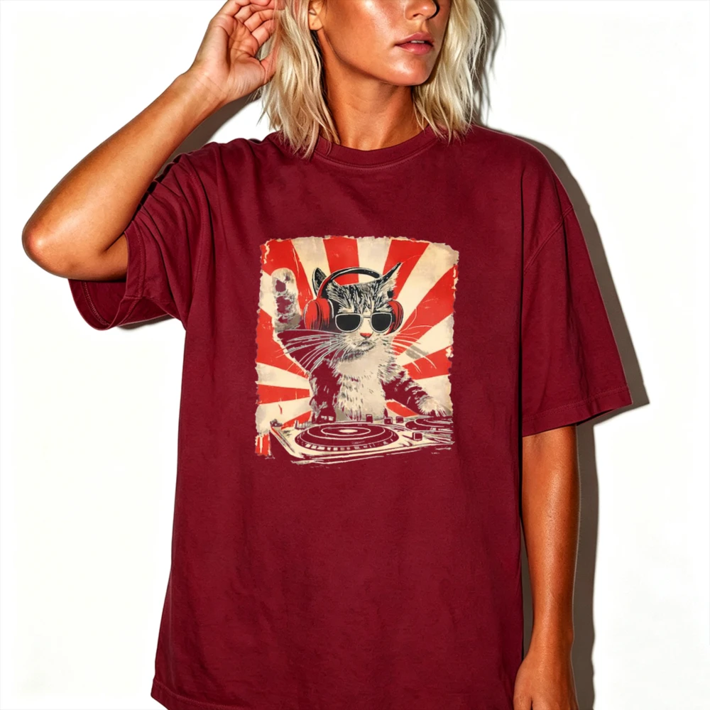 Vintage DJ Cat Wearing Headphones Sunglasses Tshirt Women Retro Sunset Disc Jockey Kitten Print Casual Cotton Music Lover Blouse - view 4