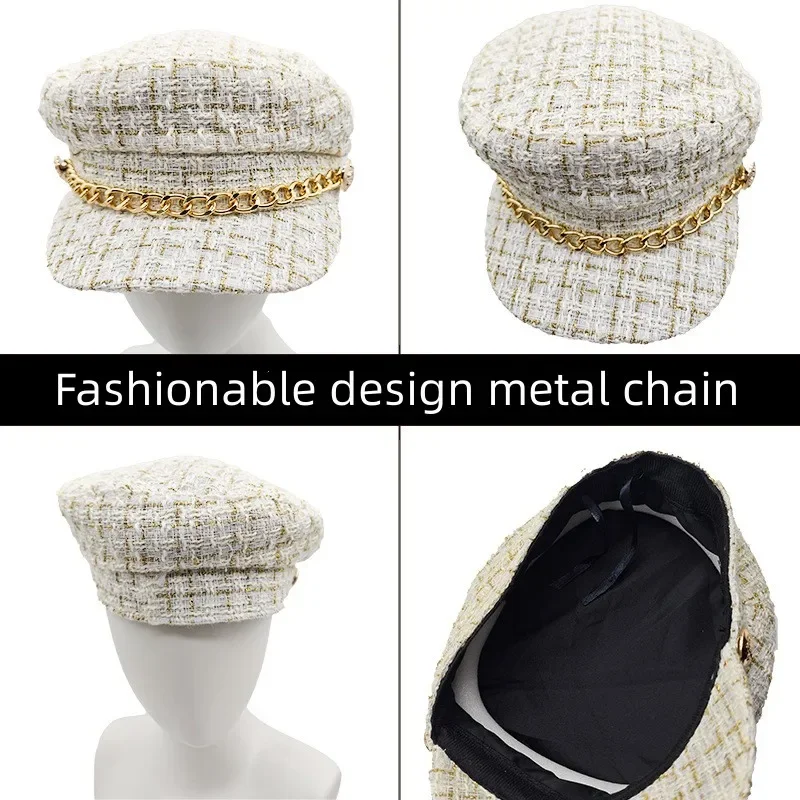 Gorro feminino com corrente de metal decoração, luxo, inverno