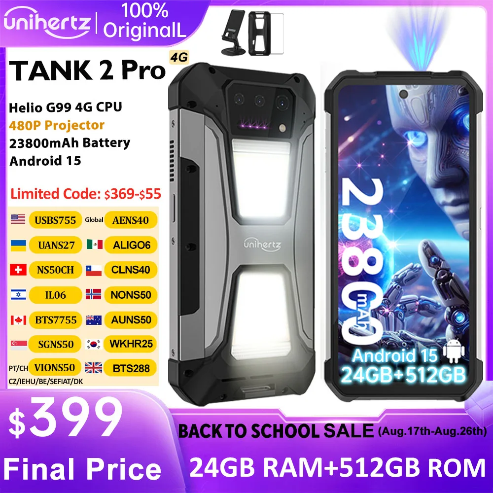 Unihertz Tank 2 PRO 8849 Robuste Handys mit Projektor 2.4K 23800 mAh 24GB+512GB Android 14 100MP NFC 120W G99 Octa Core Dual SIM