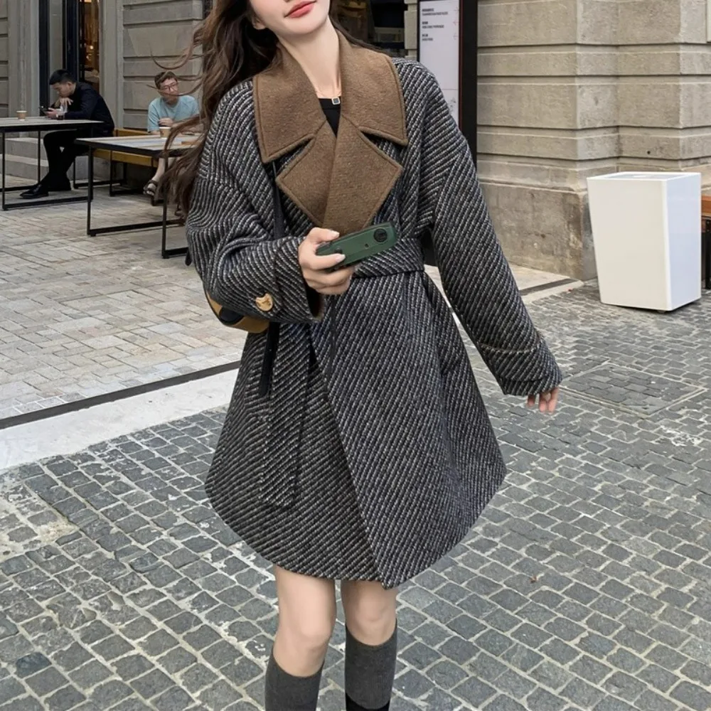 معطف تويد نسائي للخريف والشتاء للتخسيس Sle هيبورن Sle طويل Sve بزر واحد للإغلاق متوسط الطول لون نقي #2