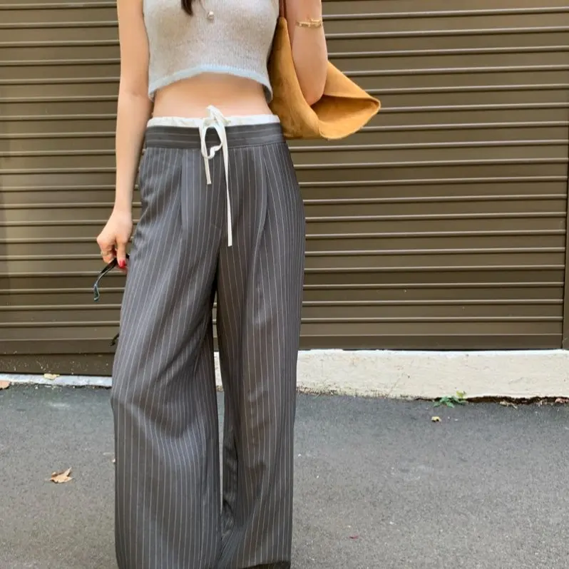 High Waist Wide Leg Casual Pants Women's Loose Fit Drawstring Color Block Striped Trousers Korean Style Lazy Match All