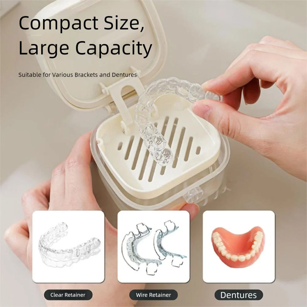 

Transparent Double Layer Braces Storage Box Portable Universal Denture Soaking Cleaning Box with Brush&Mirror Large Capacity