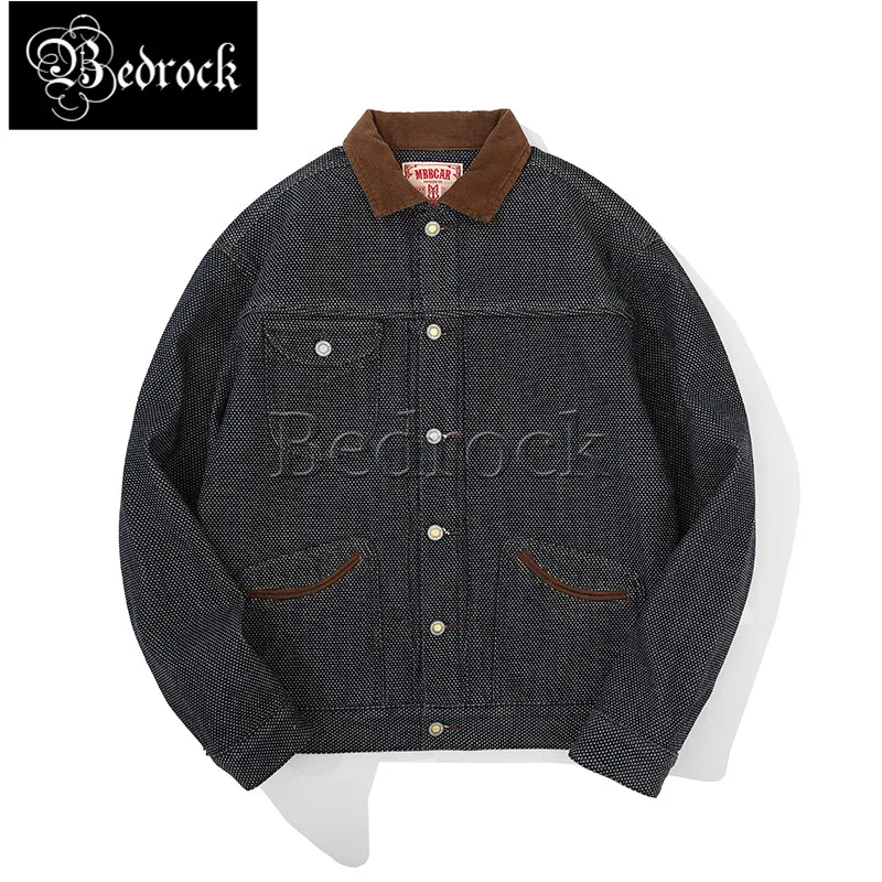 MBBCAR Selvedge Denim Jacket For Men 14oz Jacquard Weave 507xx Jacket Twill Lining Corduroy Collar Amekaji Vintage Warm Coat 311