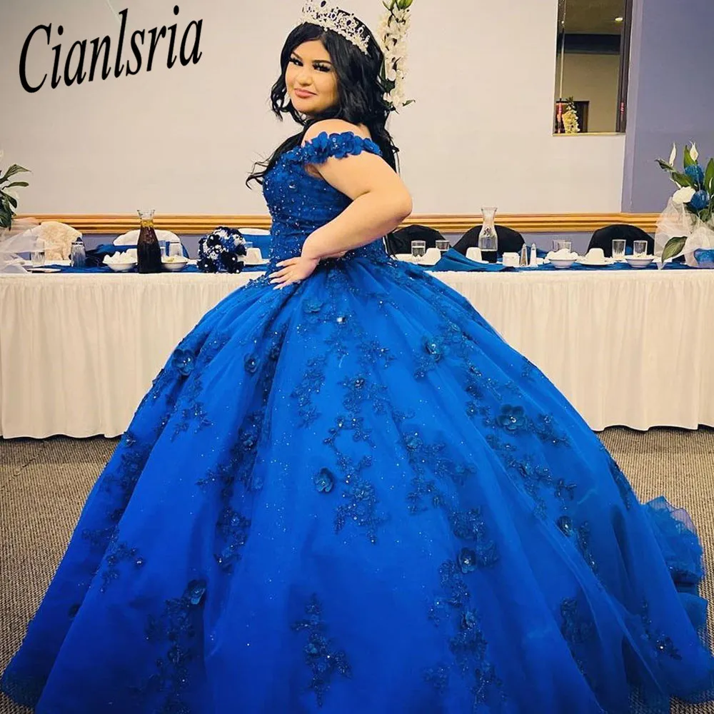 ロイヤルブルー Quinceanera ドレス チュール レース アップリケ エレガント プロムドレス Brithday パーティー ドレス ビーズ Vestidos