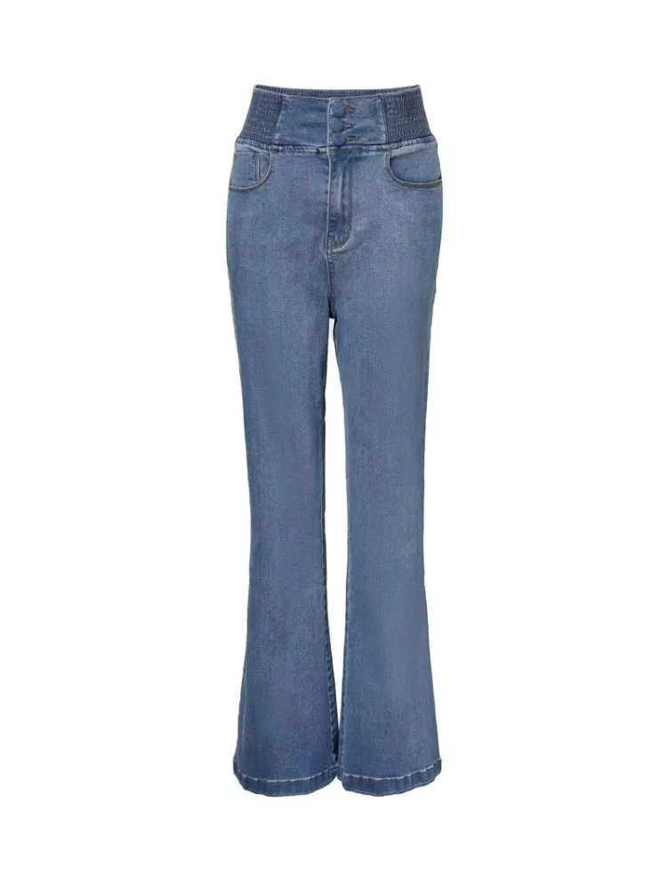 Primavera streetwear feminino novos jeans de volta botão franzido frente cintura alta jeans temperamento viajando casual confortável jeans