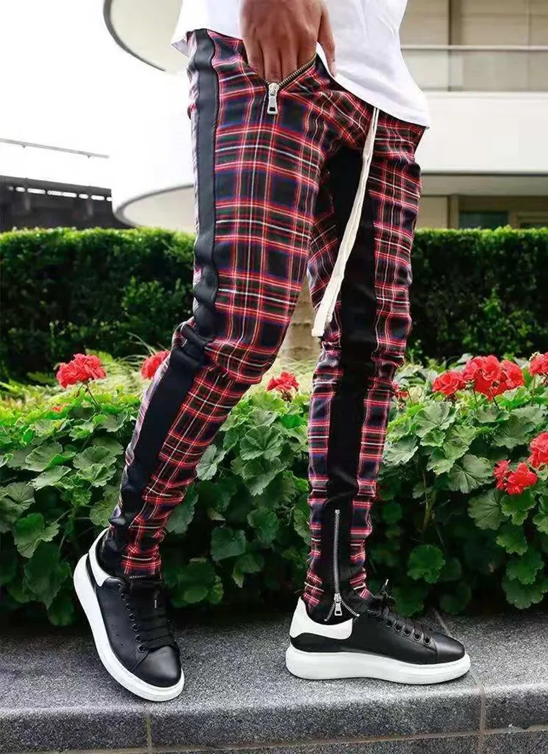 Men's slim-fitting casual sportswear fashion trend: zipper pocket checkered patchwork street fashion skinny pants