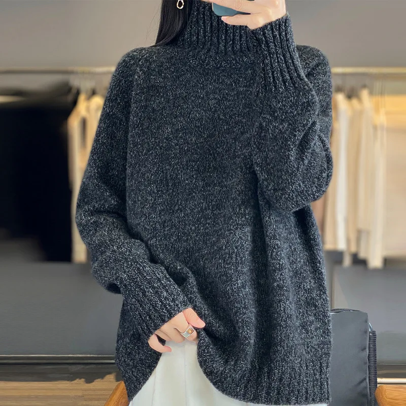 

Женский шерстяной свитер с высоким воротником, цветочная пряжа, утолщенный, теплый, ленивый стиль, универсальный вязаный базовый свитер