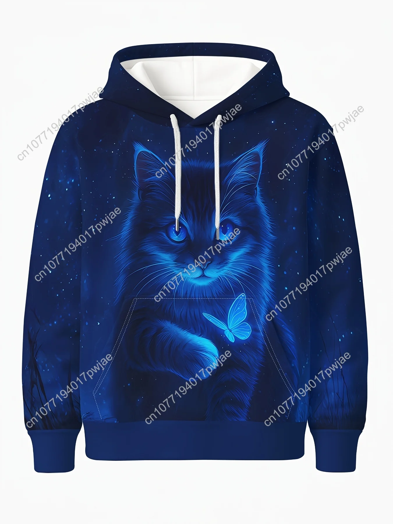 Уютная синяя светящаяся толстовка с котом для взрослых — толстовка из мягкого полиэстера с 3D-принтом котенка и бабочки, капюшоном и карманом, идеально подходит для